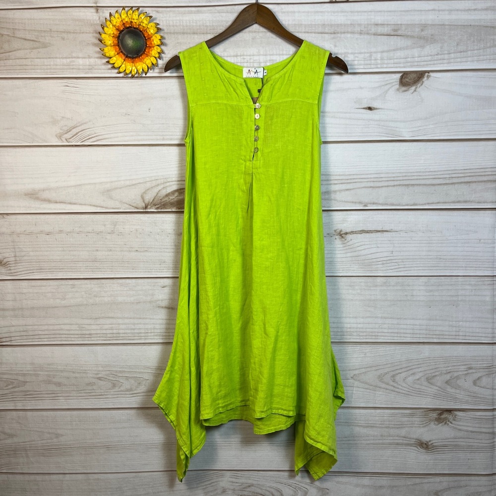 Aria New Handmade Women's S Sleeveless Lime Green‎ Linen V-Neck Tunic Dress